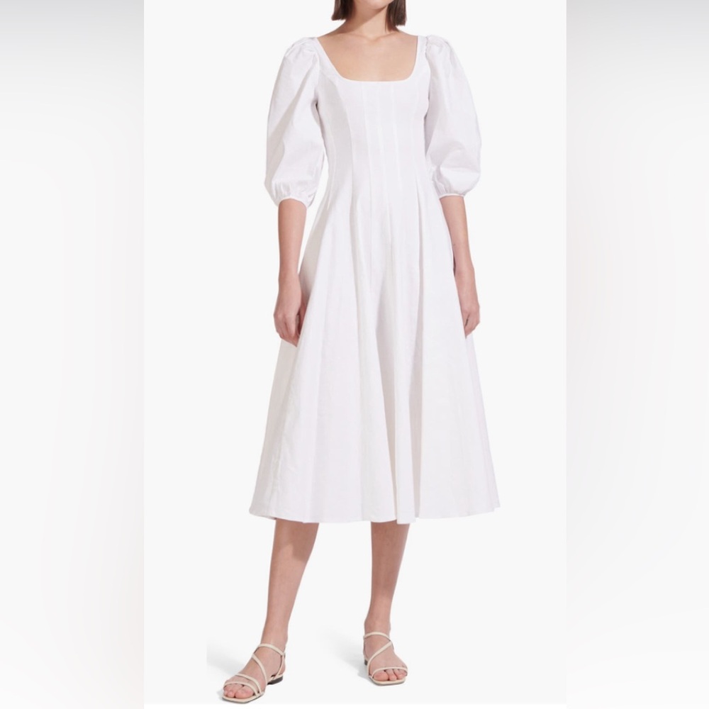 STAUD White Swells Dress - Puff Sleeve Midi Dress in 0